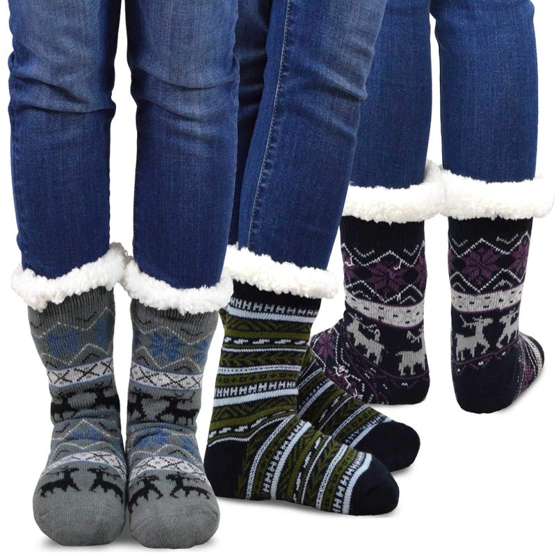 TeeHee Socks Thick Double Layer Thermal Winter Crew Socks for Women 9-11 3 Pairs Snowflake Deer GEO Cool Pattern Grey Black Purple - Image 1